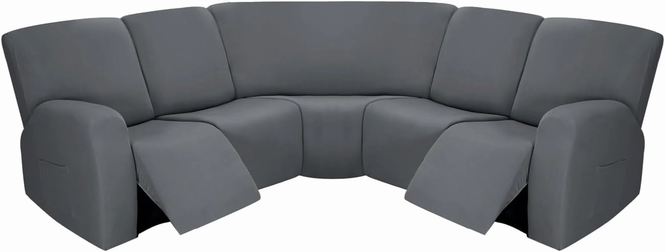 PureFit 7-Pieces Sectional Sofa Covers, Extra Large Sectional Recliner Couch Covers for Reclining L Shape Couches Sofas, Stretch Washable Fleece Sofa Slipcovers with Pockets, 5 Seat, Light Gray