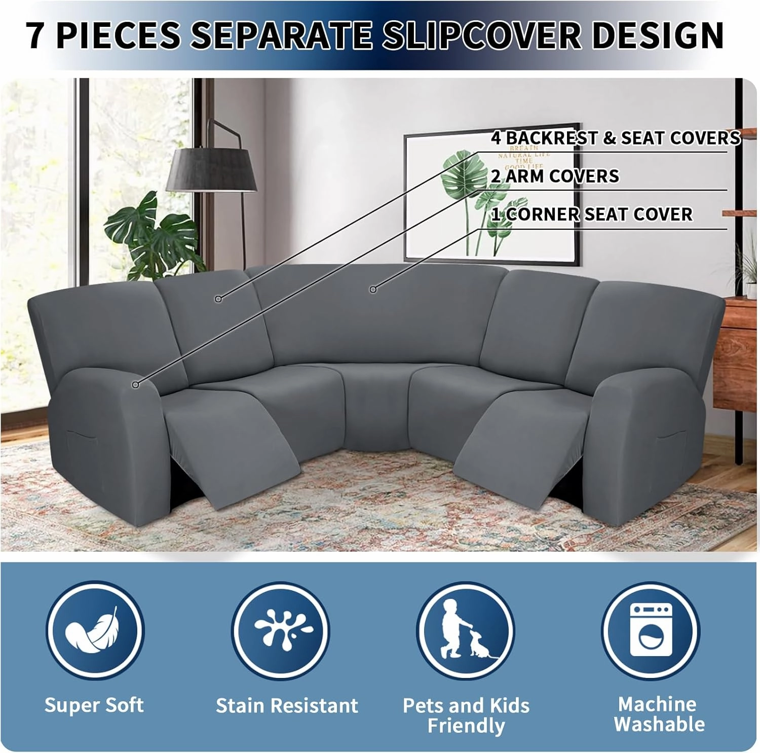 PureFit 7-Pieces Sectional Sofa Covers, Extra Large Sectional Recliner Couch Covers for Reclining L Shape Couches Sofas, Stretch Washable Fleece Sofa Slipcovers with Pockets, 5 Seat, Light Gray