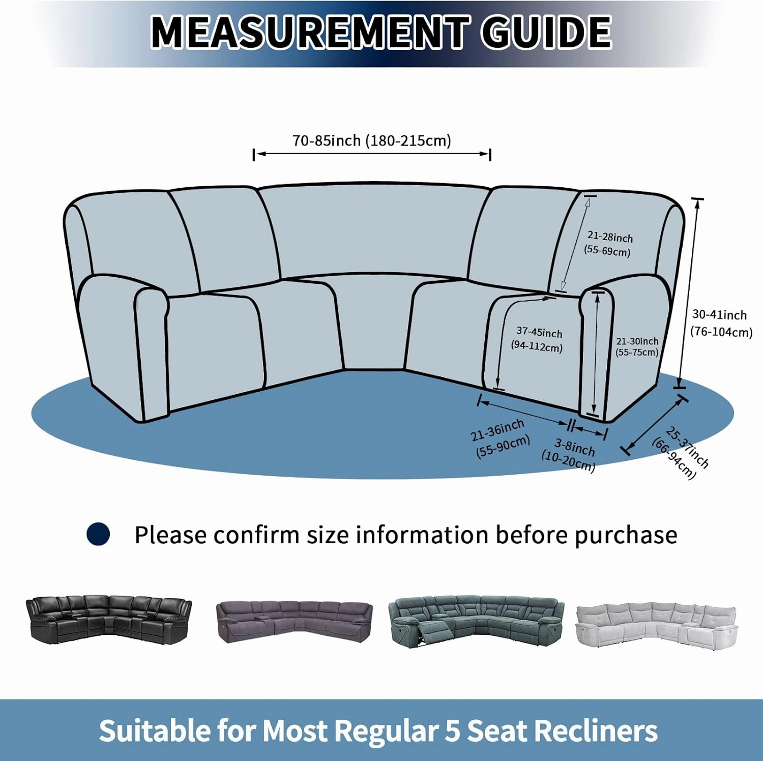 PureFit 7-Pieces Sectional Sofa Covers, Extra Large Sectional Recliner Couch Covers for Reclining L Shape Couches Sofas, Stretch Washable Fleece Sofa Slipcovers with Pockets, 5 Seat, Light Gray