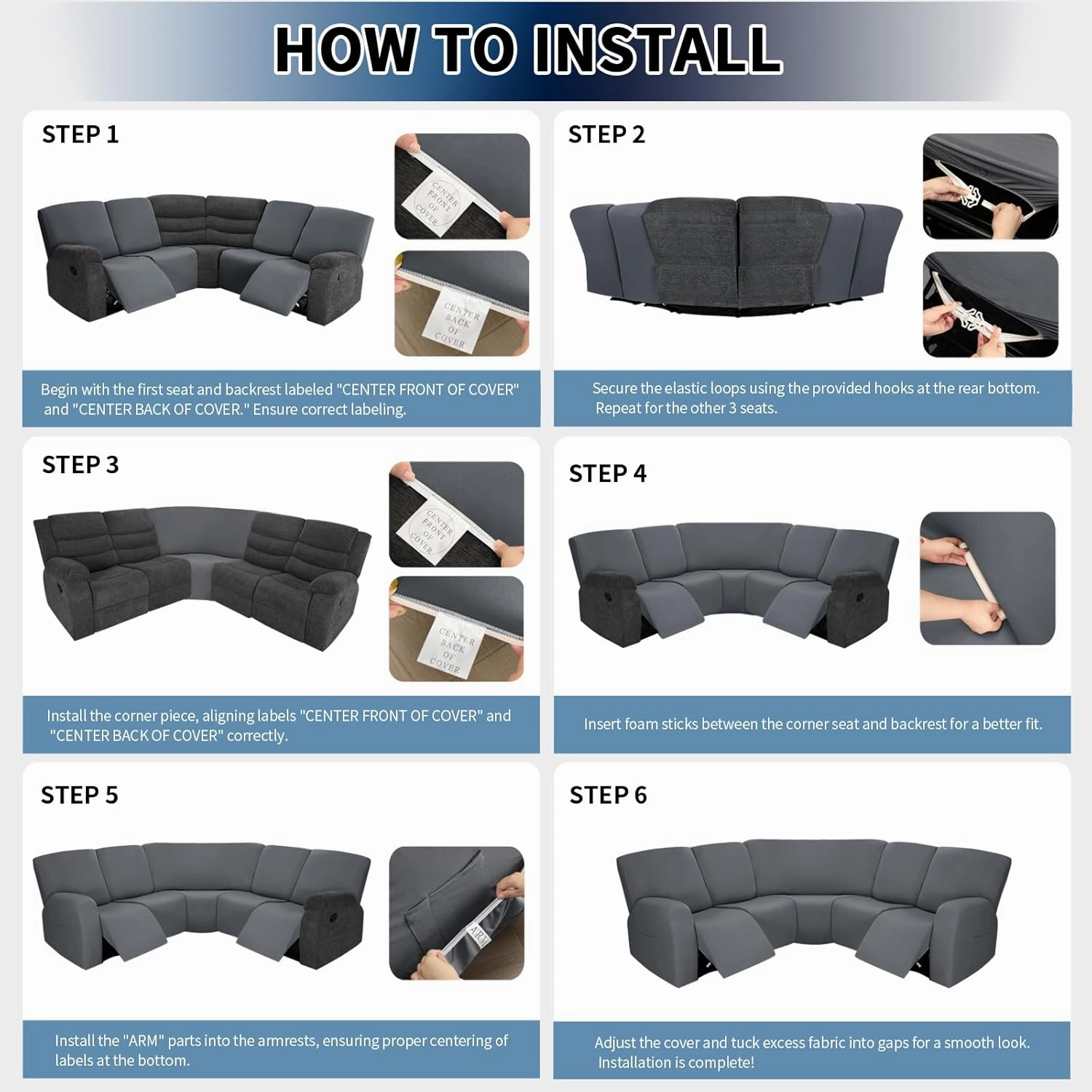 PureFit 7-Pieces Sectional Sofa Covers, Extra Large Sectional Recliner Couch Covers for Reclining L Shape Couches Sofas, Stretch Washable Fleece Sofa Slipcovers with Pockets, 5 Seat, Light Gray