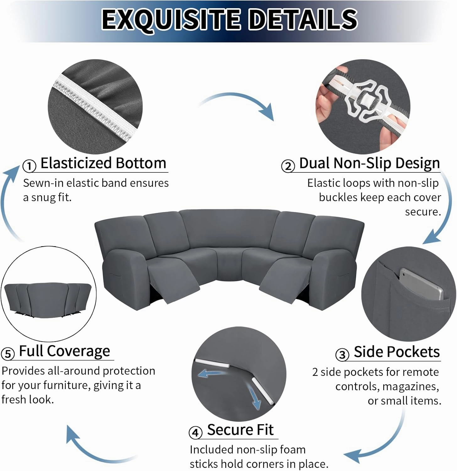PureFit 7-Pieces Sectional Sofa Covers, Extra Large Sectional Recliner Couch Covers for Reclining L Shape Couches Sofas, Stretch Washable Fleece Sofa Slipcovers with Pockets, 5 Seat, Light Gray