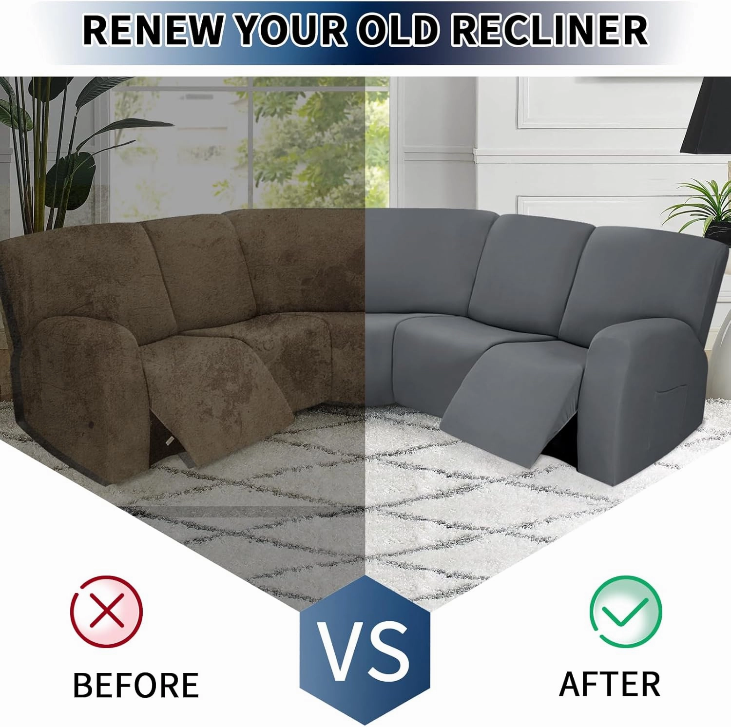 PureFit 7-Pieces Sectional Sofa Covers, Extra Large Sectional Recliner Couch Covers for Reclining L Shape Couches Sofas, Stretch Washable Fleece Sofa Slipcovers with Pockets, 5 Seat, Light Gray