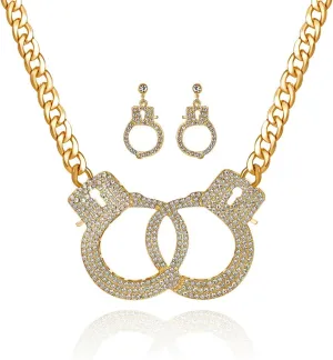 Qiji Women's Georgous Statement Rhinestone Handcuff Jewelry Set - Punk Rock Crystal Handcuff Necklace, Stud Earrings & Dangle Earrings for Night Club & Costume Party