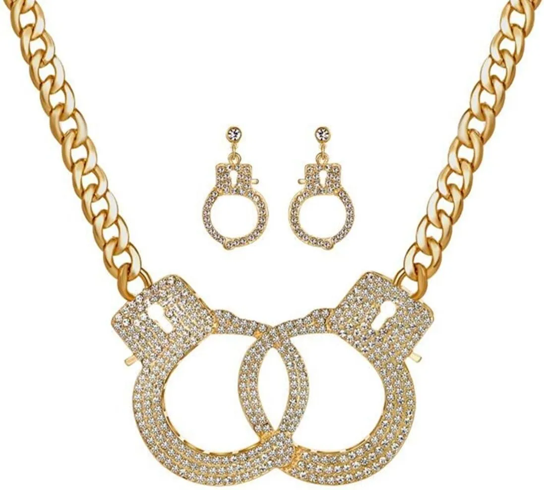 Qiji Women's Georgous Statement Rhinestone Handcuff Jewelry Set - Punk Rock Crystal Handcuff Necklace, Stud Earrings & Dangle Earrings for Night Club & Costume Party