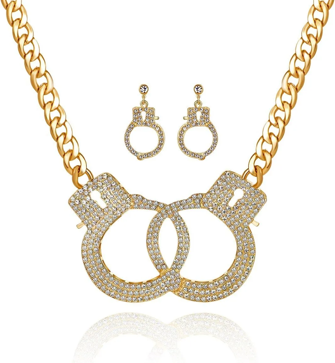 Qiji Women's Georgous Statement Rhinestone Handcuff Jewelry Set - Punk Rock Crystal Handcuff Necklace, Stud Earrings & Dangle Earrings for Night Club & Costume Party