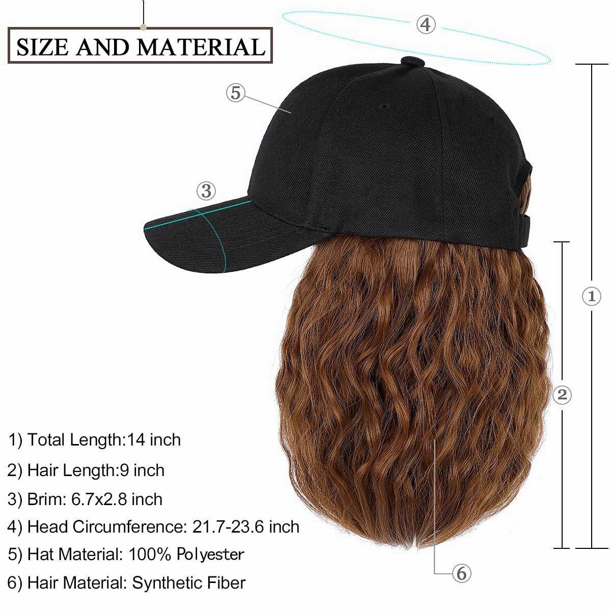 Qlenkay Baseball Cap with Hair Extensions 14inch Wavy Curly Bob Hairstyle Adjustable Wig Hat Attached Synthetic Hairpiece for Woman Light Chestnut Brown