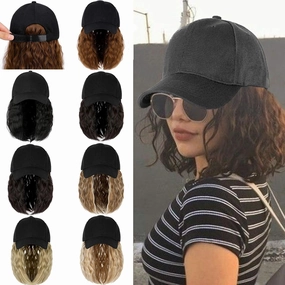 Qlenkay Baseball Cap with Hair Extensions 14inch Wavy Curly Bob Hairstyle Adjustable Wig Hat Attached Synthetic Hairpiece for Woman Light Chestnut Brown