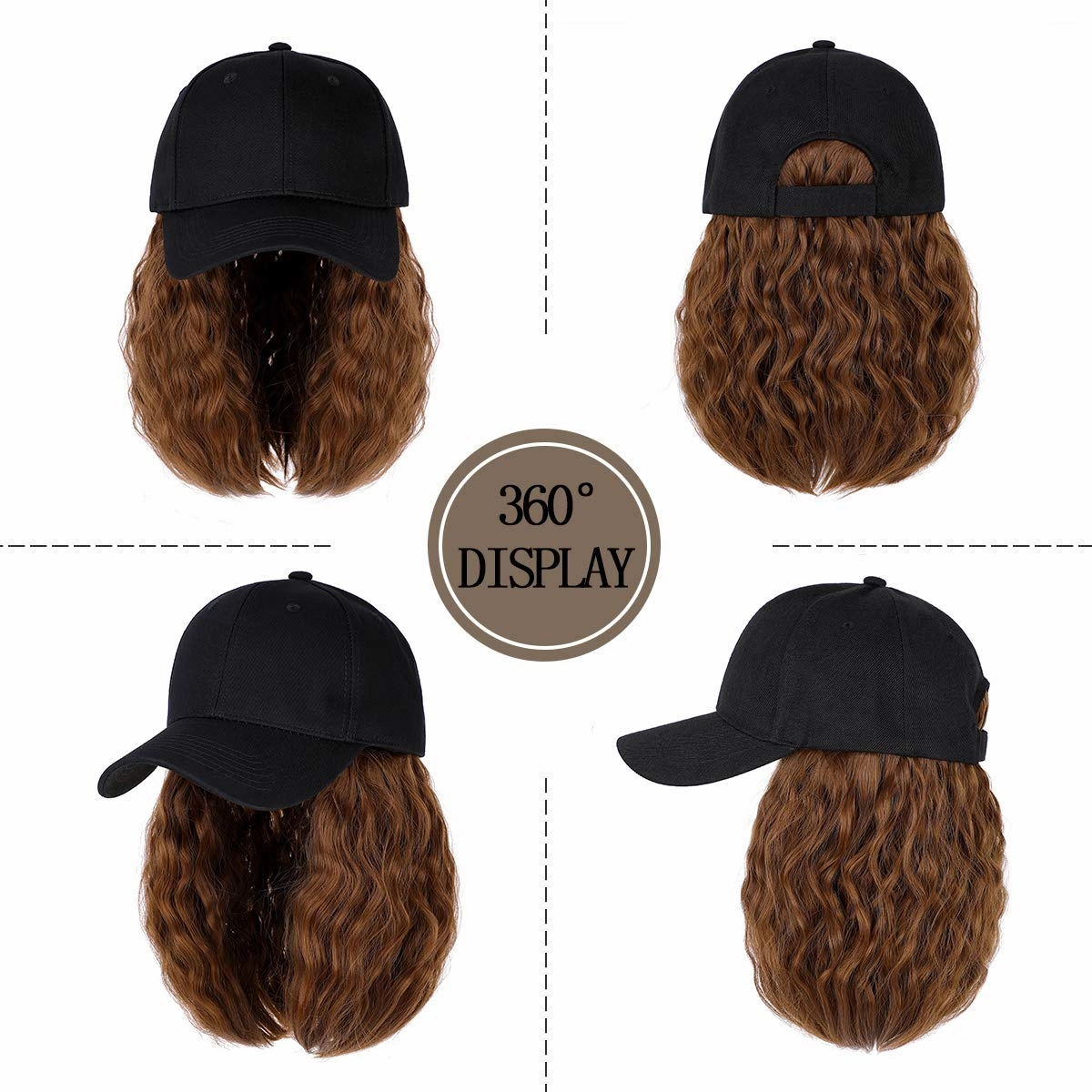 Qlenkay Baseball Cap with Hair Extensions 14inch Wavy Curly Bob Hairstyle Adjustable Wig Hat Attached Synthetic Hairpiece for Woman Light Chestnut Brown