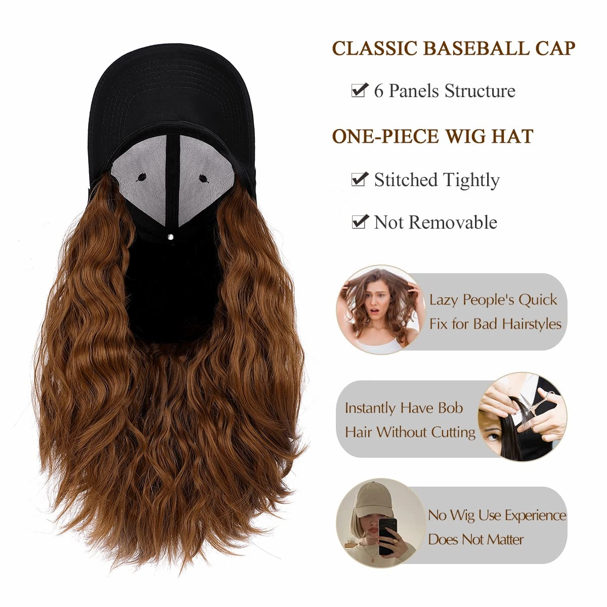 Qlenkay Baseball Cap with Hair Extensions 14inch Wavy Curly Bob Hairstyle Adjustable Wig Hat Attached Synthetic Hairpiece for Woman Light Chestnut Brown
