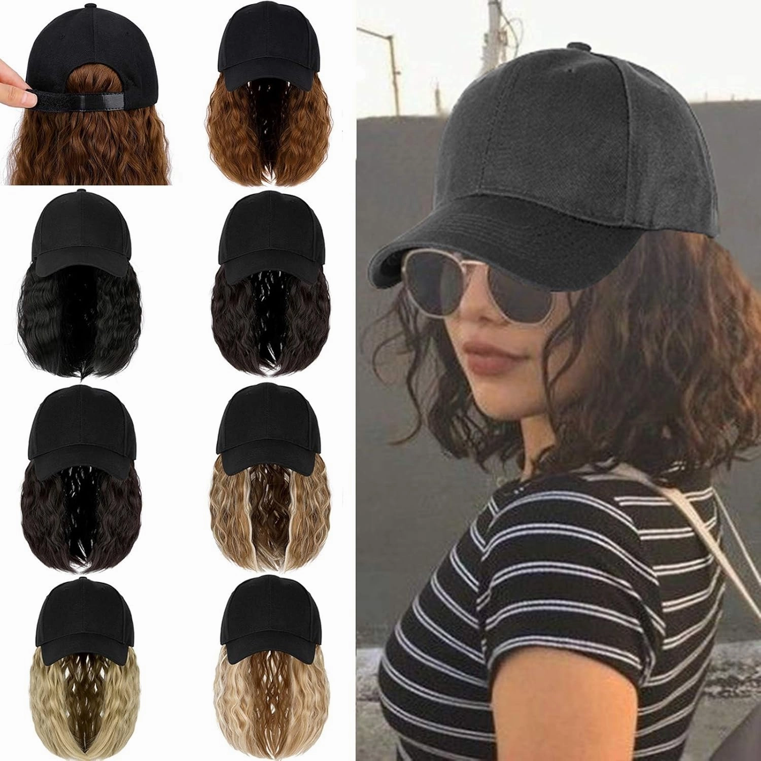 Qlenkay Baseball Cap with Hair Extensions 14inch Wavy Curly Bob Hairstyle Adjustable Wig Hat Attached Synthetic Hairpiece for Woman Light Chestnut Brown