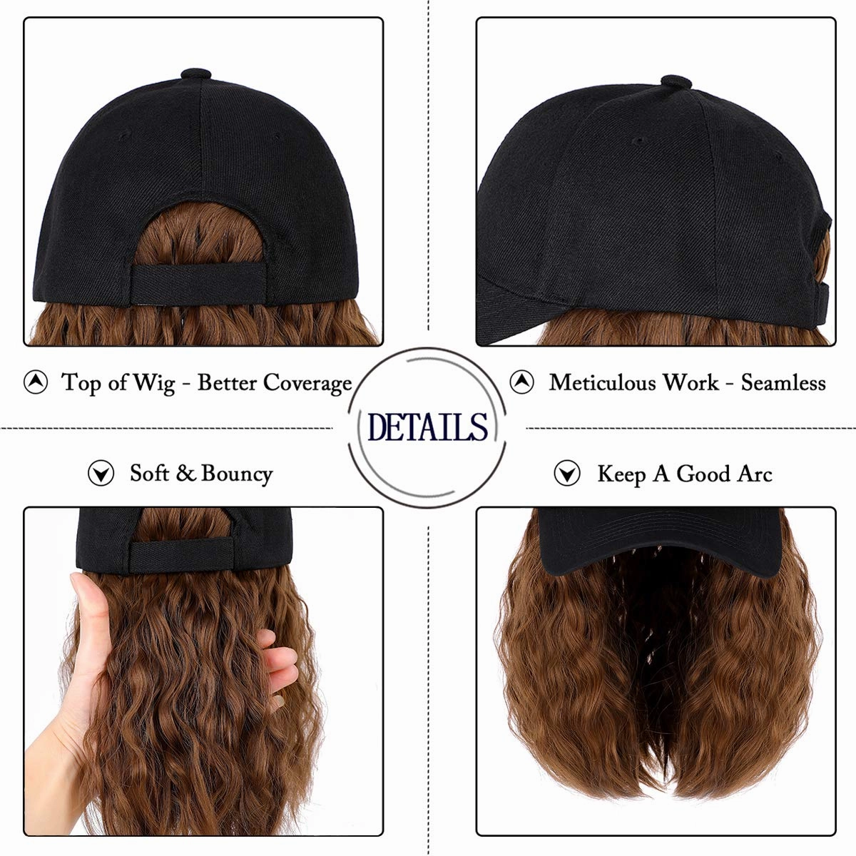 Qlenkay Baseball Cap with Hair Extensions 14inch Wavy Curly Bob Hairstyle Adjustable Wig Hat Attached Synthetic Hairpiece for Woman Light Chestnut Brown