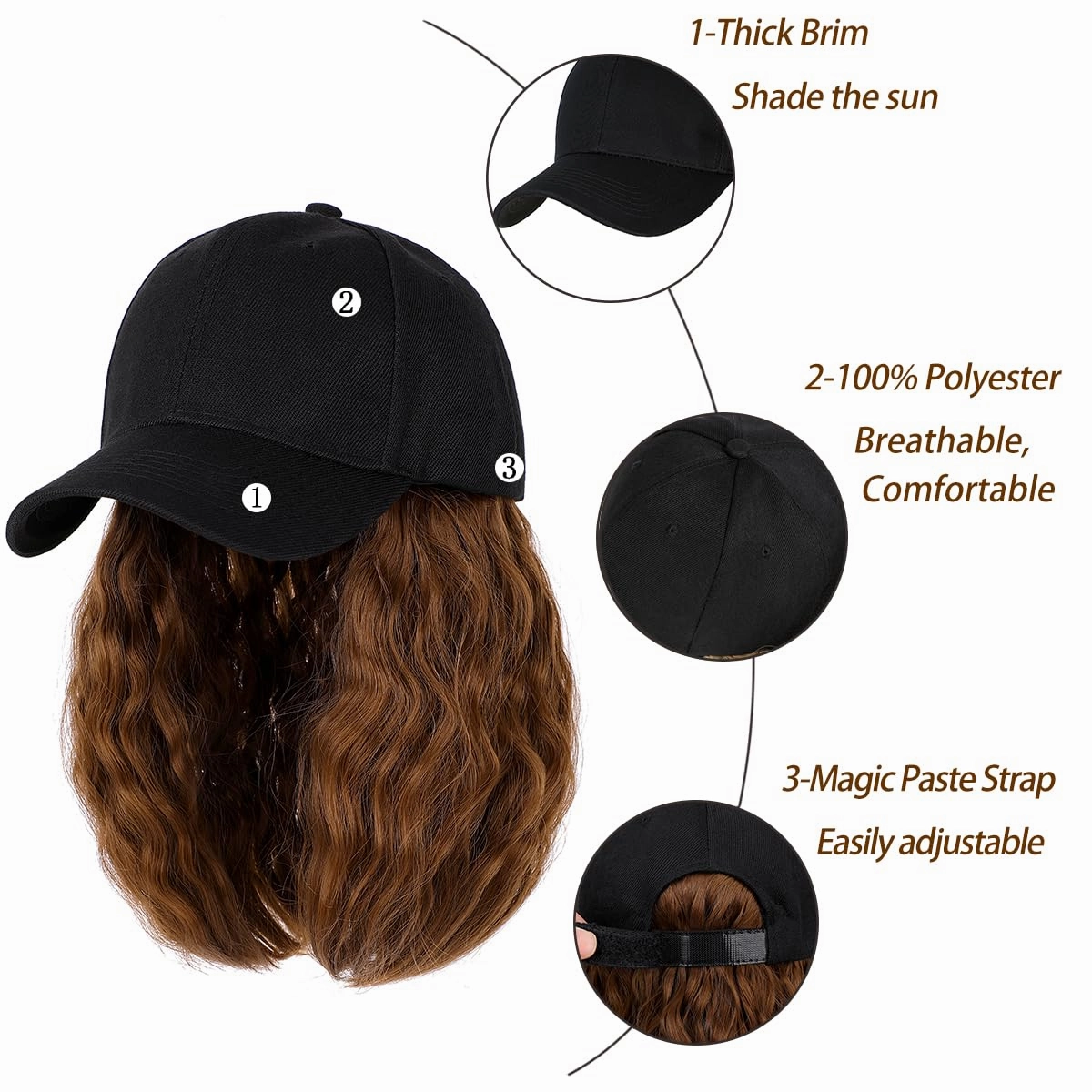 Qlenkay Baseball Cap with Hair Extensions 14inch Wavy Curly Bob Hairstyle Adjustable Wig Hat Attached Synthetic Hairpiece for Woman Light Chestnut Brown
