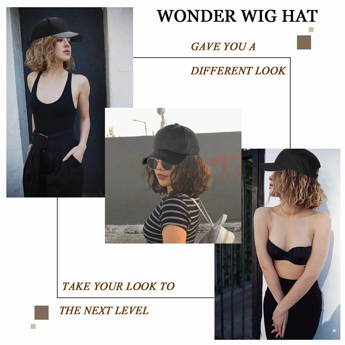 Qlenkay Baseball Cap with Hair Extensions 14inch Wavy Curly Bob Hairstyle Adjustable Wig Hat Attached Synthetic Hairpiece for Woman Light Chestnut Brown