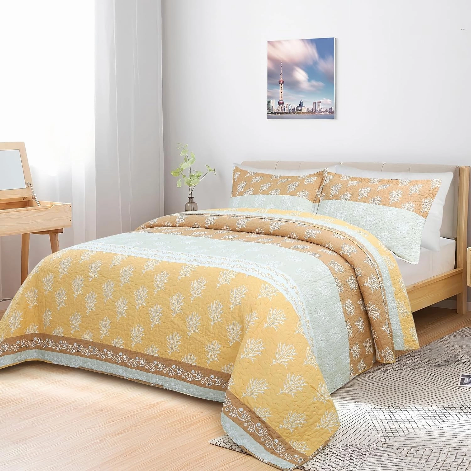 Quilt Set Queen Size - Queen Quilts Bedding Set, 100% Cotton Reversible Luxury Comforter Set, Farmhouse Floral Boho Striped Patchwork Bedspreads Set with Shams for All Season, Orange