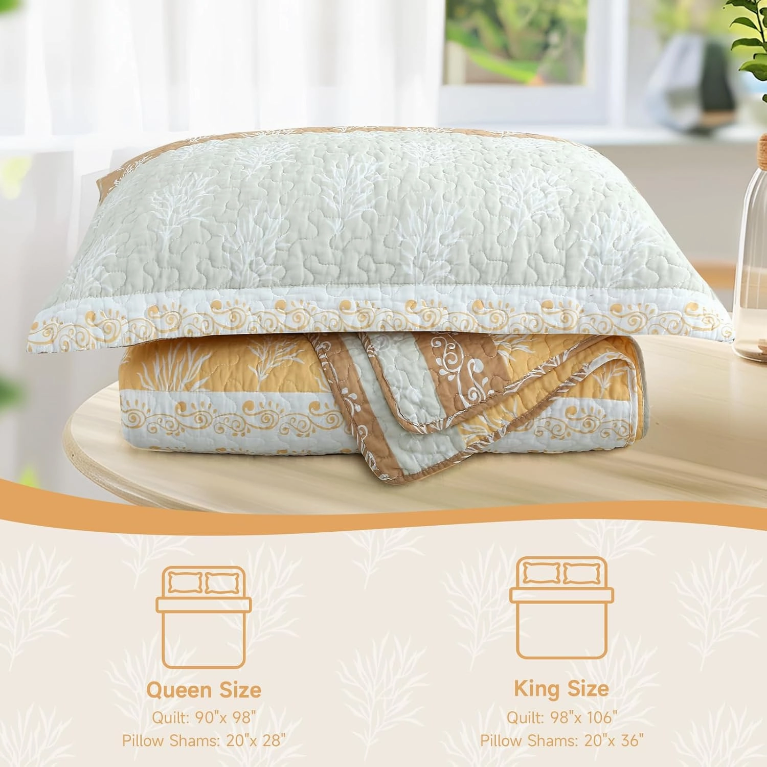 Quilt Set Queen Size - Queen Quilts Bedding Set, 100% Cotton Reversible Luxury Comforter Set, Farmhouse Floral Boho Striped Patchwork Bedspreads Set with Shams for All Season, Orange