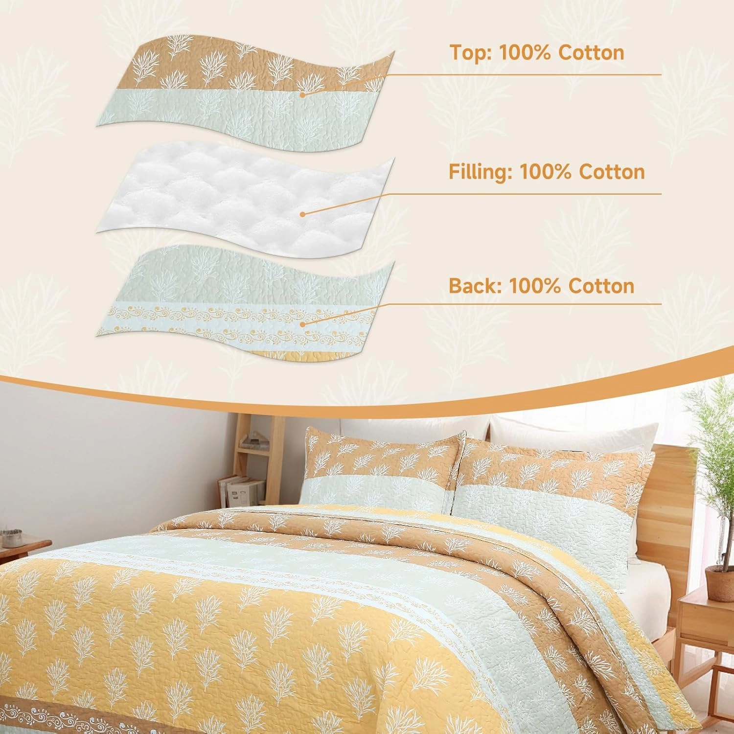 Quilt Set Queen Size - Queen Quilts Bedding Set, 100% Cotton Reversible Luxury Comforter Set, Farmhouse Floral Boho Striped Patchwork Bedspreads Set with Shams for All Season, Orange