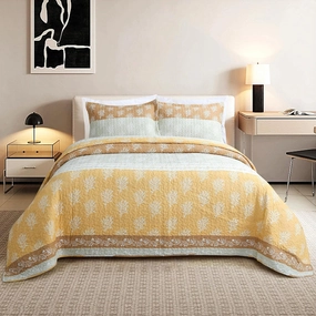 Quilt Set Queen Size - Queen Quilts Bedding Set, 100% Cotton Reversible Luxury Comforter Set, Farmhouse Floral Boho Striped Patchwork Bedspreads Set with Shams for All Season, Orange