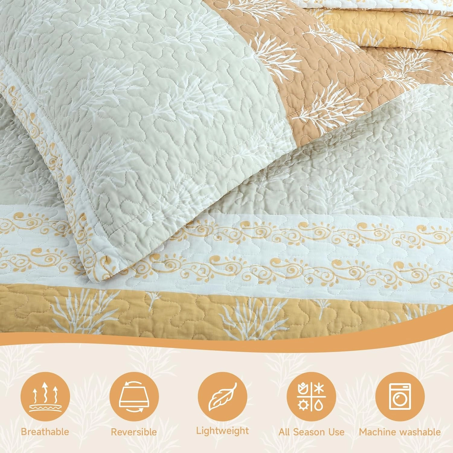 Quilt Set Queen Size - Queen Quilts Bedding Set, 100% Cotton Reversible Luxury Comforter Set, Farmhouse Floral Boho Striped Patchwork Bedspreads Set with Shams for All Season, Orange