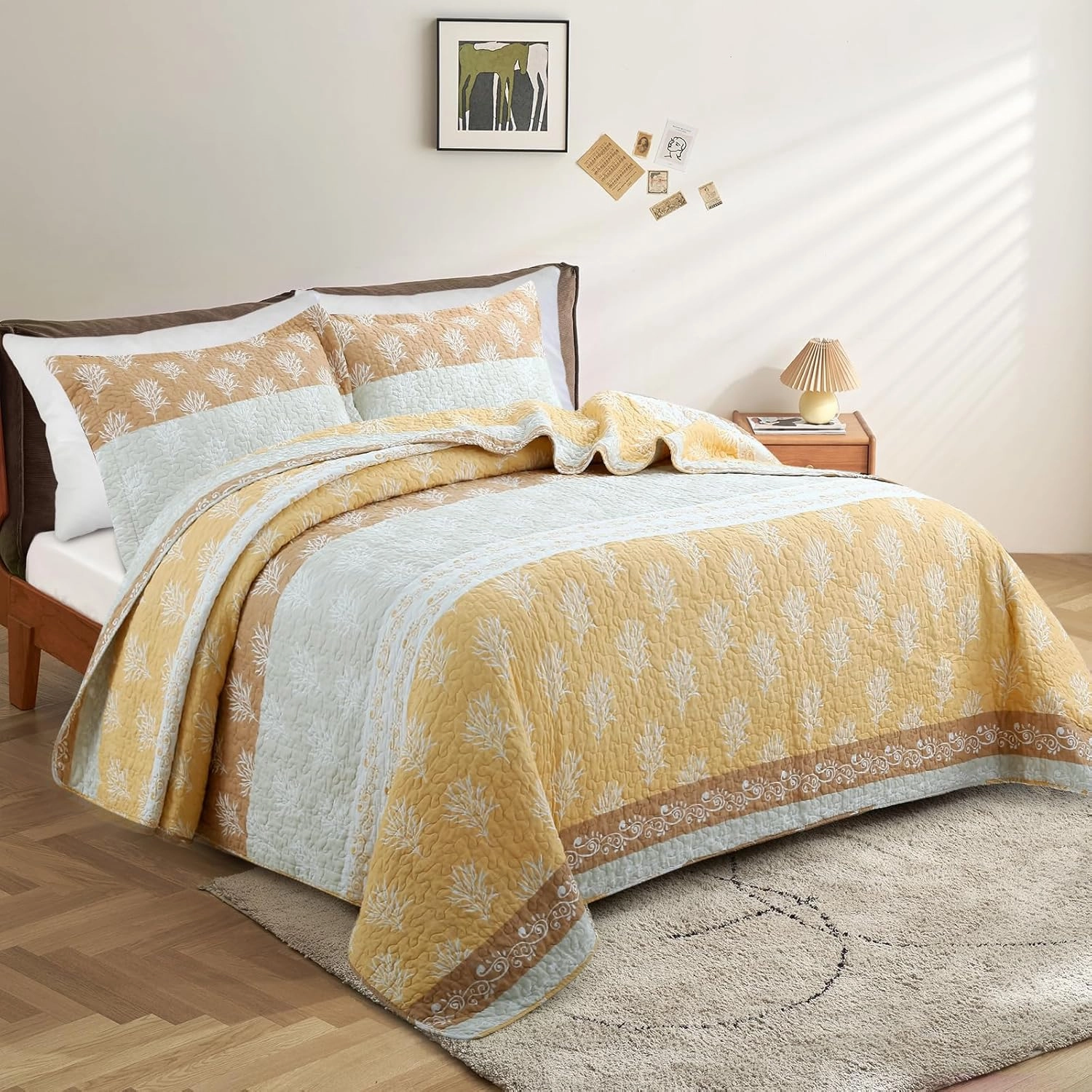 Quilt Set Queen Size - Queen Quilts Bedding Set, 100% Cotton Reversible Luxury Comforter Set, Farmhouse Floral Boho Striped Patchwork Bedspreads Set with Shams for All Season, Orange