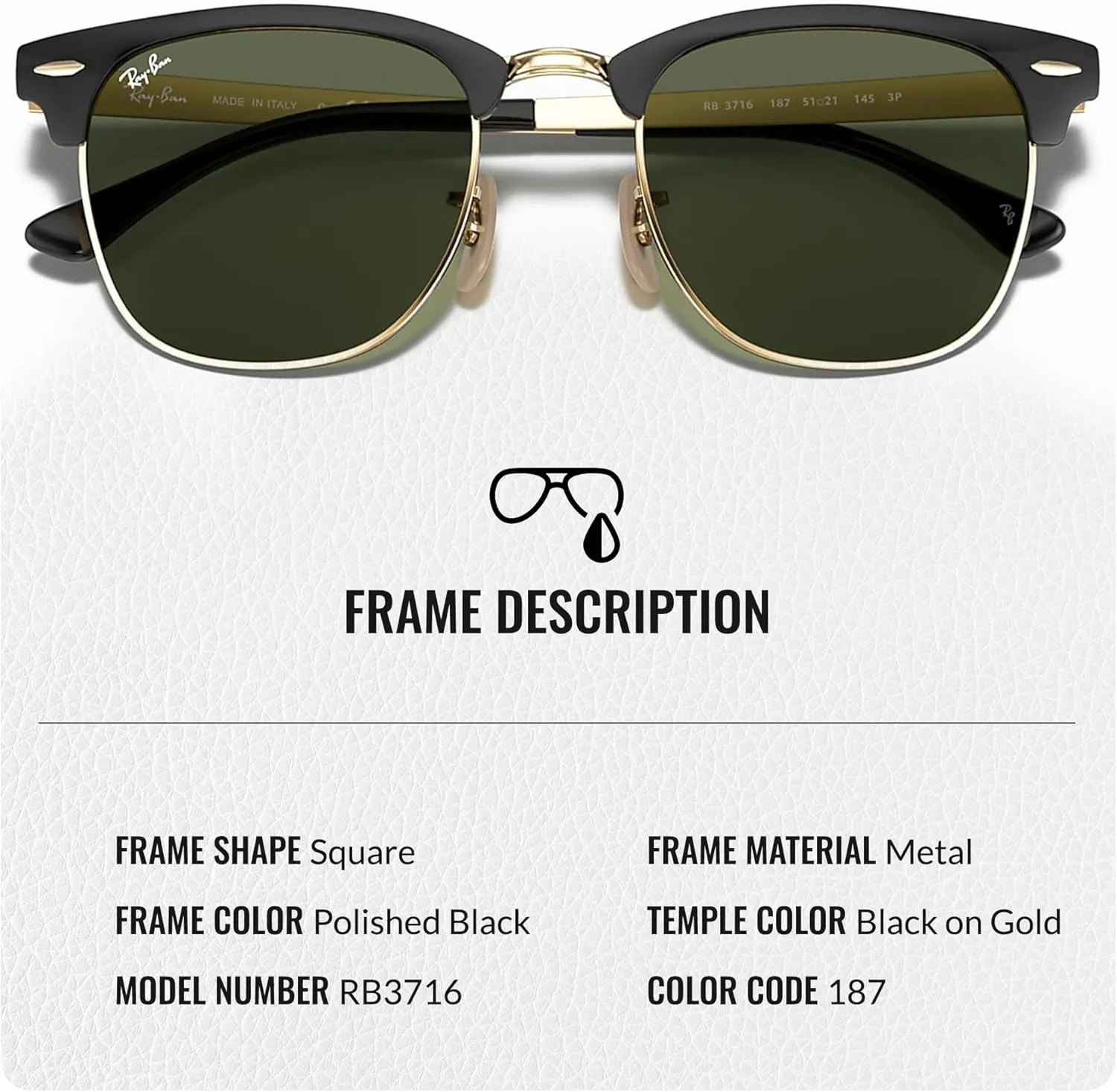 Ray-Ban RB3716 CLUBMASTER Metal Square Shape Sunglasses With Eyewear Kit Bundle - Adjustable Nose Pads - Square Sunglasses