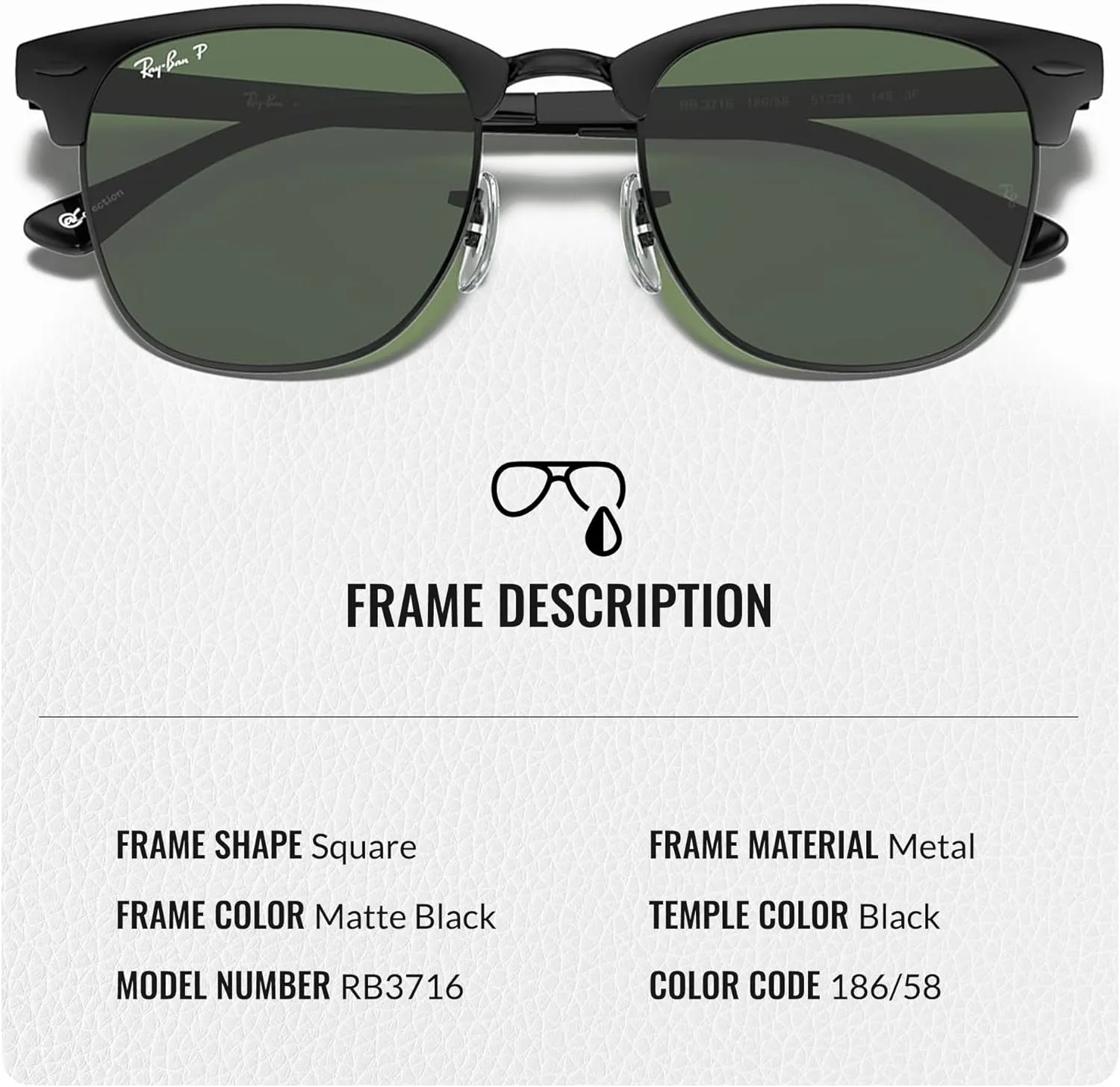 Ray-Ban RB3716 CLUBMASTER Metal Square Shape Sunglasses With Eyewear Kit Bundle - Adjustable Nose Pads - Square Sunglasses