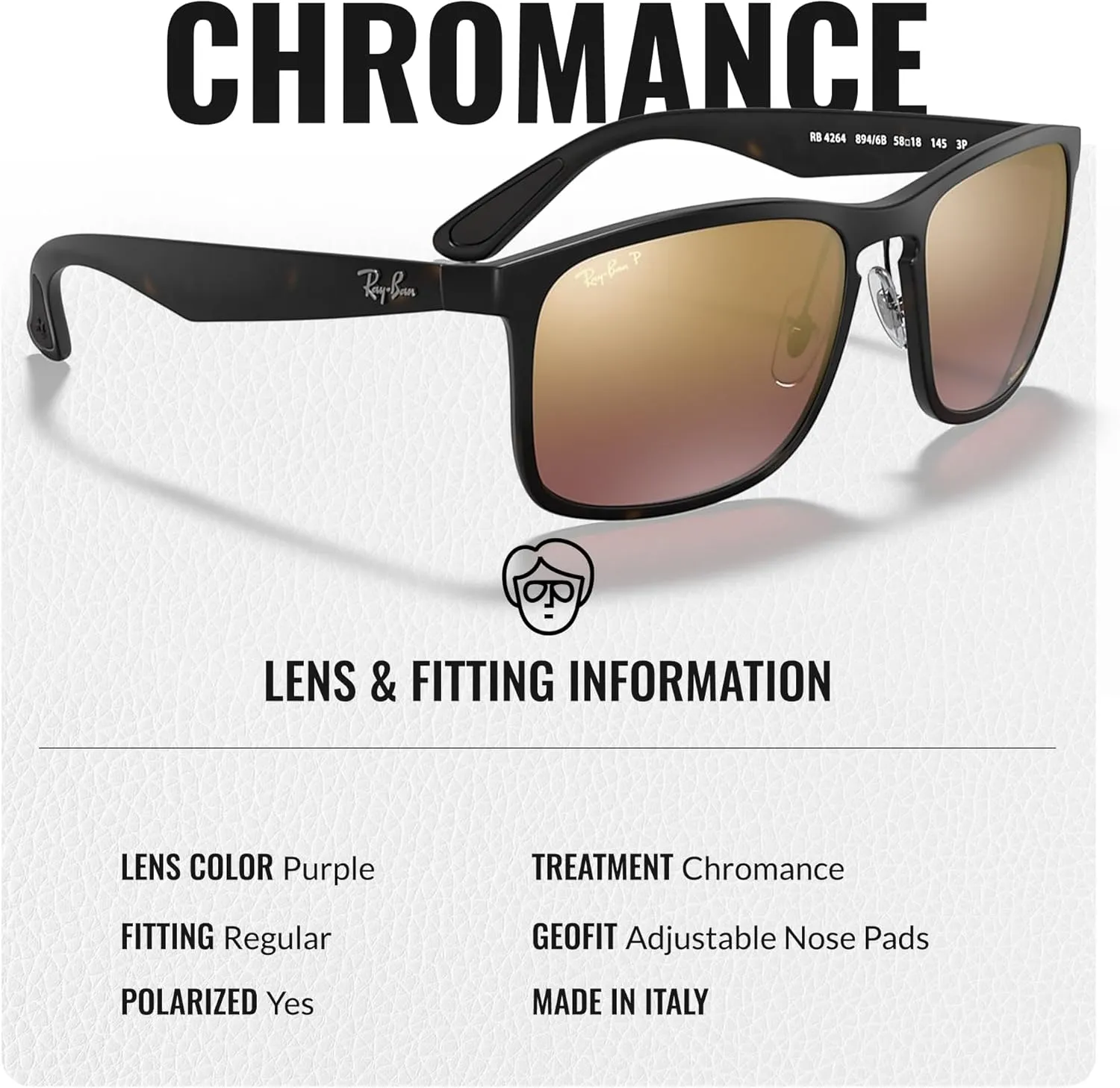 Ray-Ban RB4264 CHROMANCE Square Shape Sunglasses With Eyewear Kit Bundle - Adjustable Nose Pads - Square Sunglasses