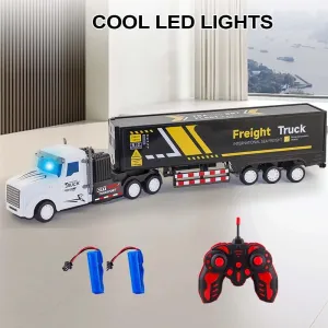 RC Semi Truck Toy for Kids - 1:32 Remote Control Carrier Van Transport Car, 17.3" Freight Container Truck with 2 Batteries, Semi Truck and Trailer with Lights, Great Gift for Boys Girls Age 3-8