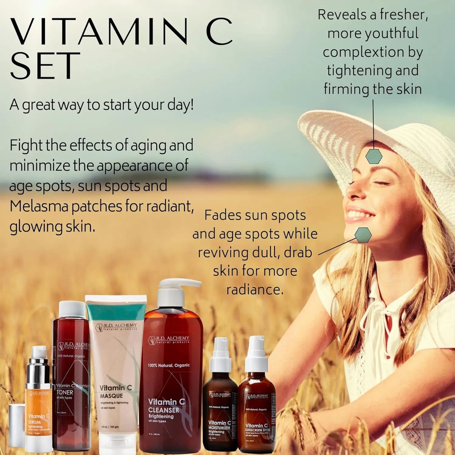 RD Alchemy Natural Products - Vitamin C Skincare Set - Fade Sun Spots, Age Spots, and Freckles while Tightening and Firmng Skin and Refining Pores with Pure Vitamin C, Hyaluronic Acid, and More!