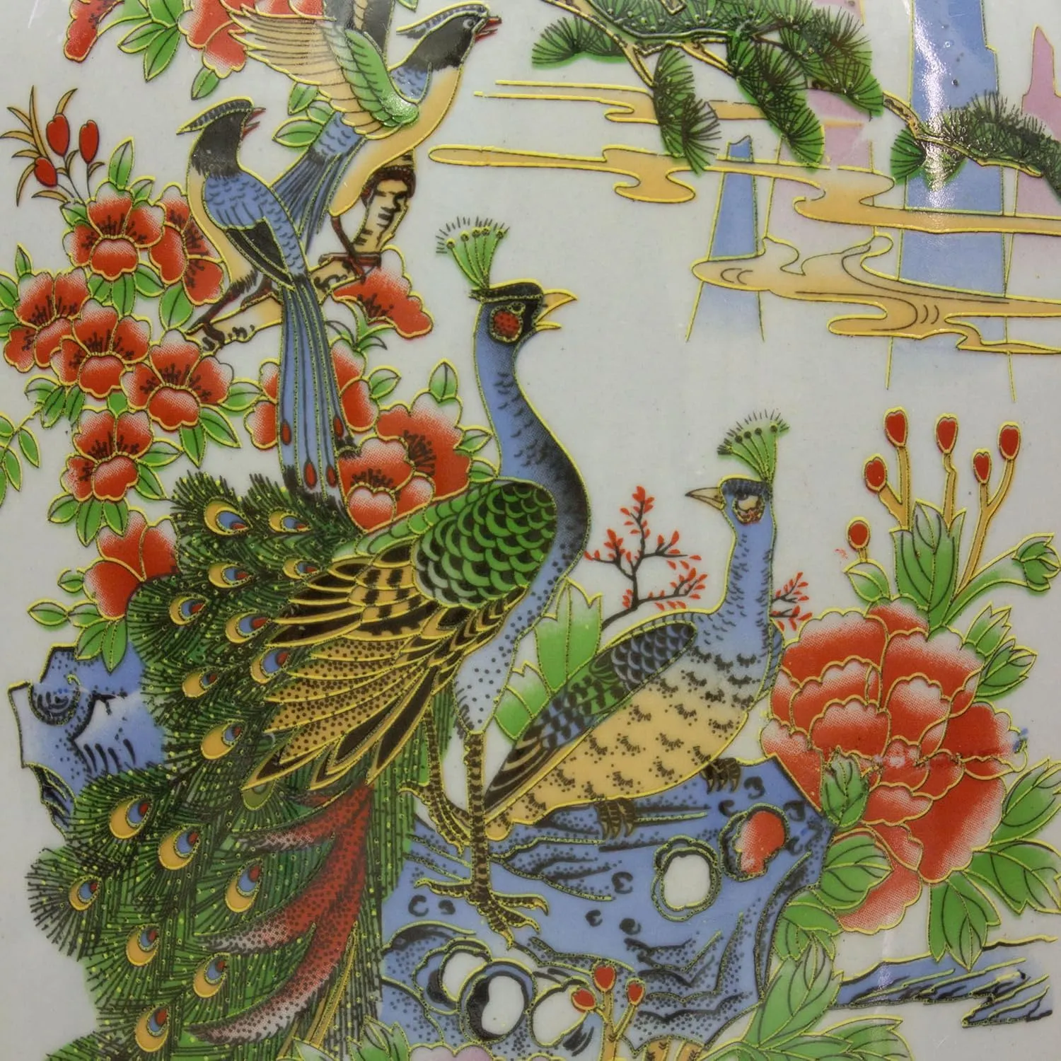 Red Lantern 14" Satsuma Birds & Flowers Porcelain Tung Chi Vase, Multicolor