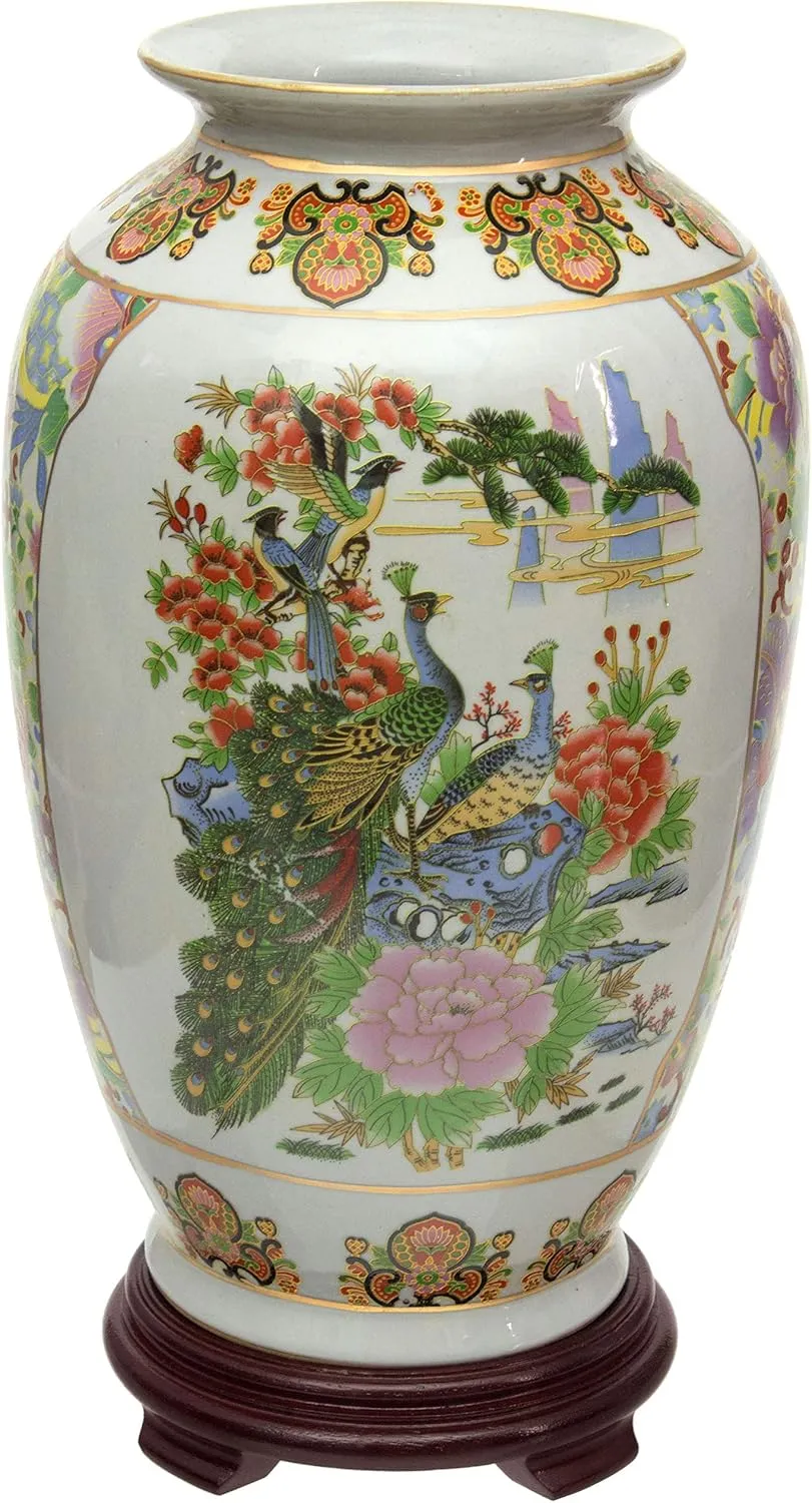 Red Lantern 14" Satsuma Birds & Flowers Porcelain Tung Chi Vase, Multicolor