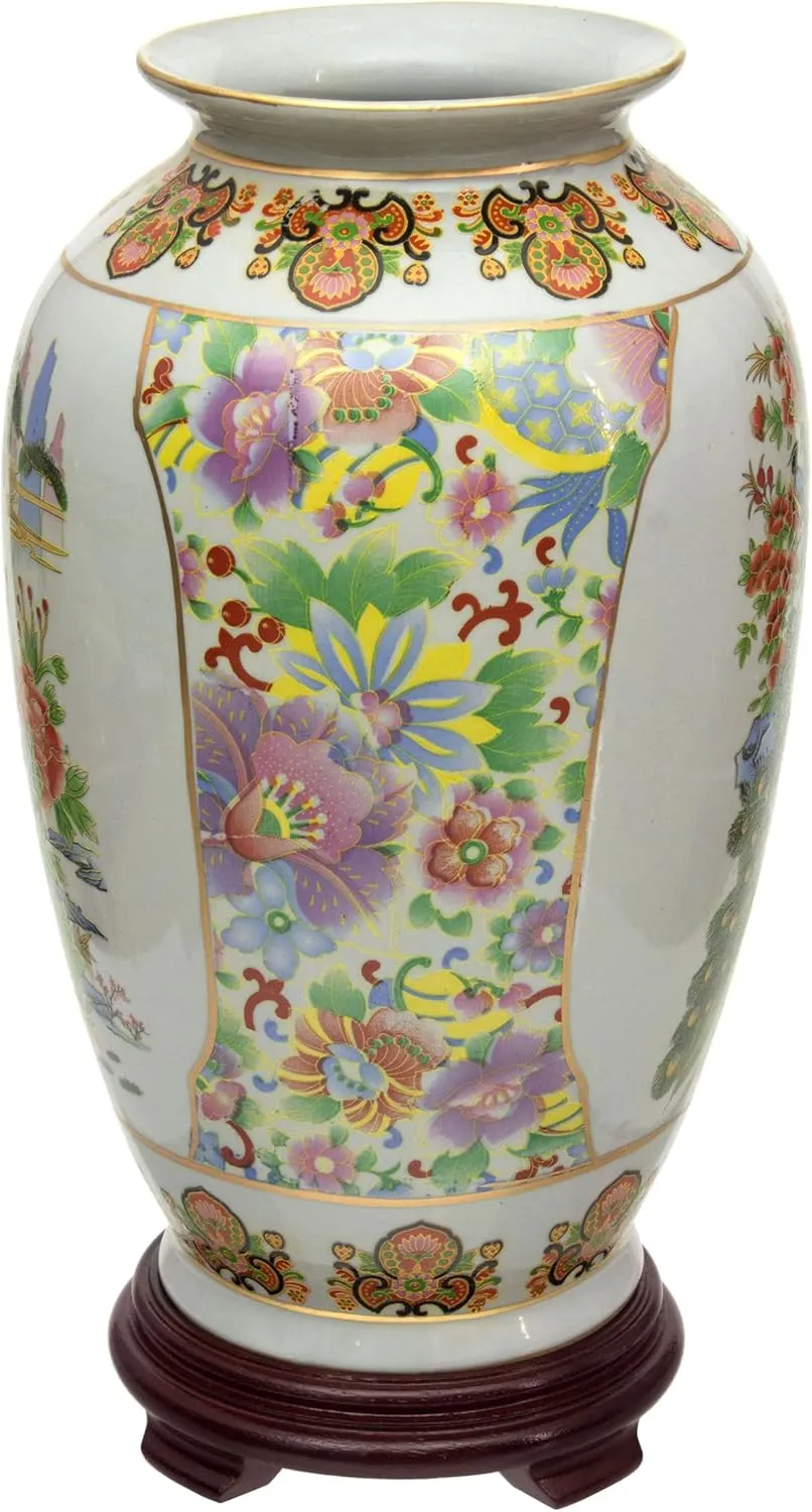 Red Lantern 14" Satsuma Birds & Flowers Porcelain Tung Chi Vase, Multicolor