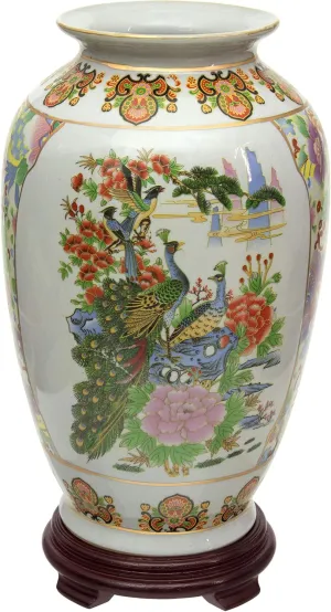 Red Lantern 14" Satsuma Birds & Flowers Porcelain Tung Chi Vase, Multicolor