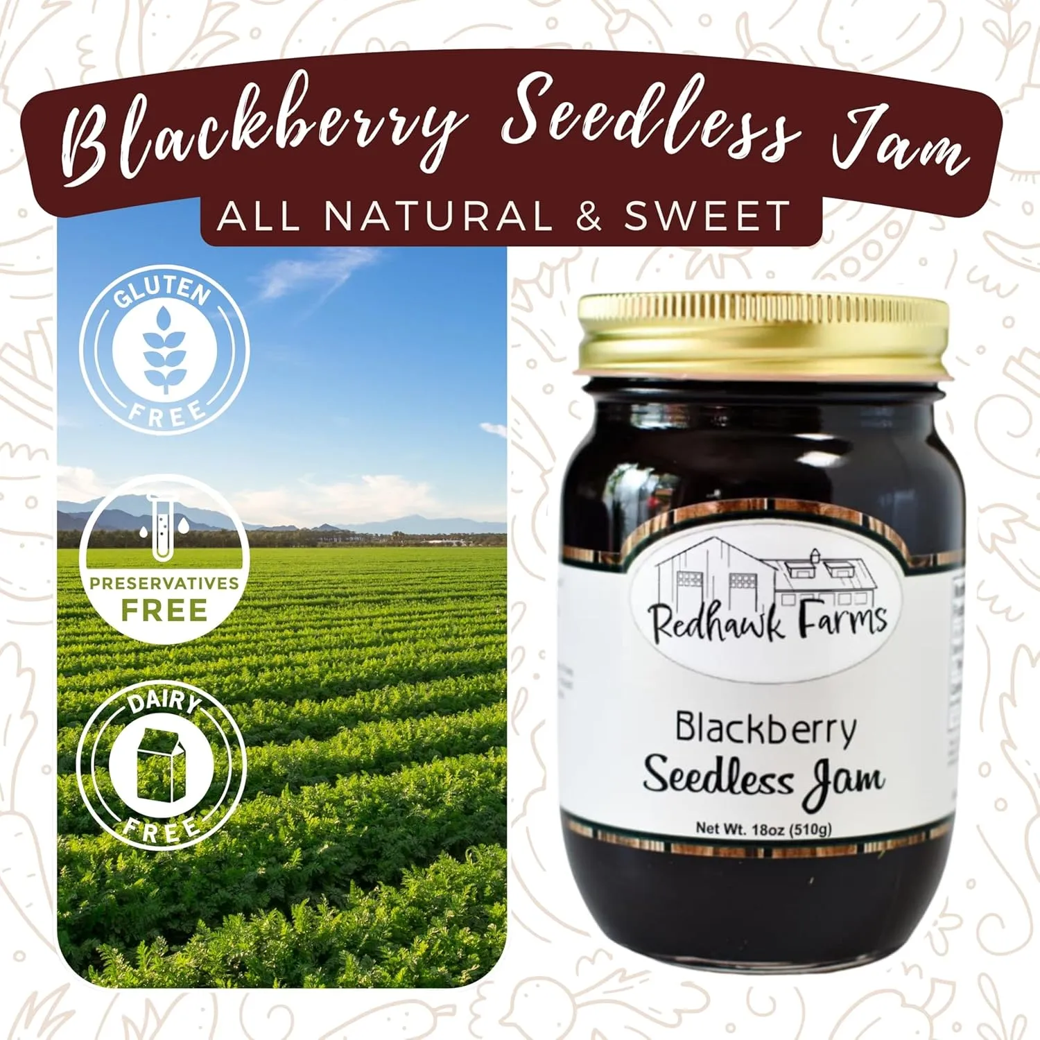 Redhawk Farms Seedless Blackberry Jam - All-Natural Blackberry Preserves with No Artificial Flavors, Sweeteners or Preservatives - Non-GMO & Gluten Free - Homemade Jams, Jellies, & Preserves (18 Oz, Pack of 2)