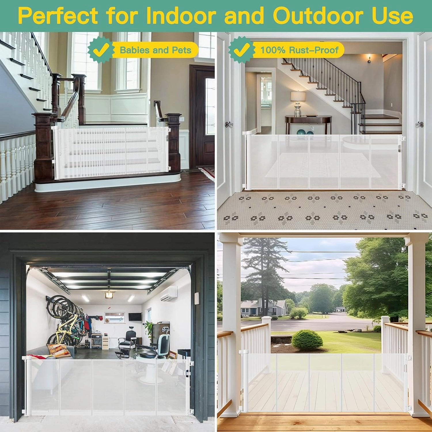 Reinforced 60" Wide Retractable Baby Gate with Reinforced Rods, 5 ft Retractable Dog Gate Indoor/Outdoor Baby Gate Retractable Gate - Bottom Anti-Escape, White