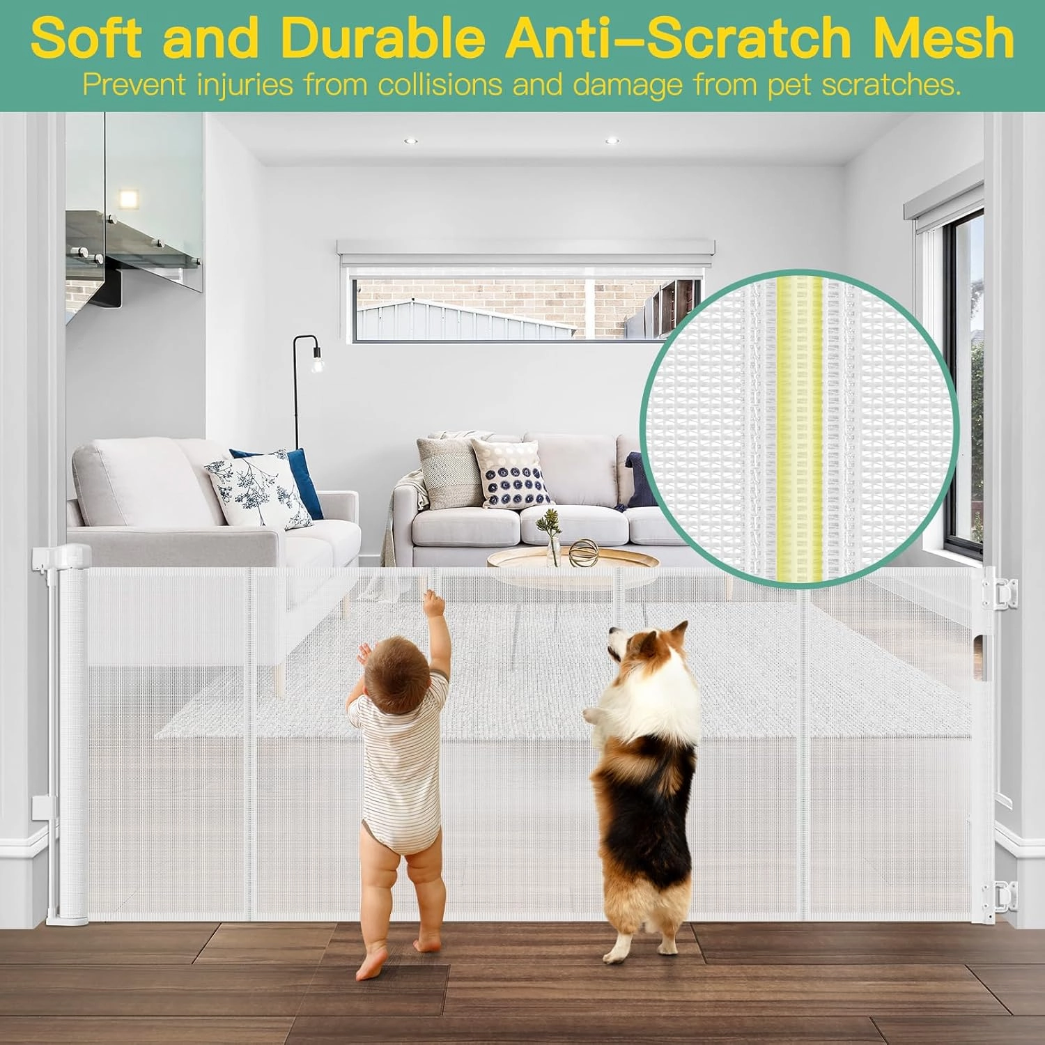 Reinforced 60" Wide Retractable Baby Gate with Reinforced Rods, 5 ft Retractable Dog Gate Indoor/Outdoor Baby Gate Retractable Gate - Bottom Anti-Escape, White