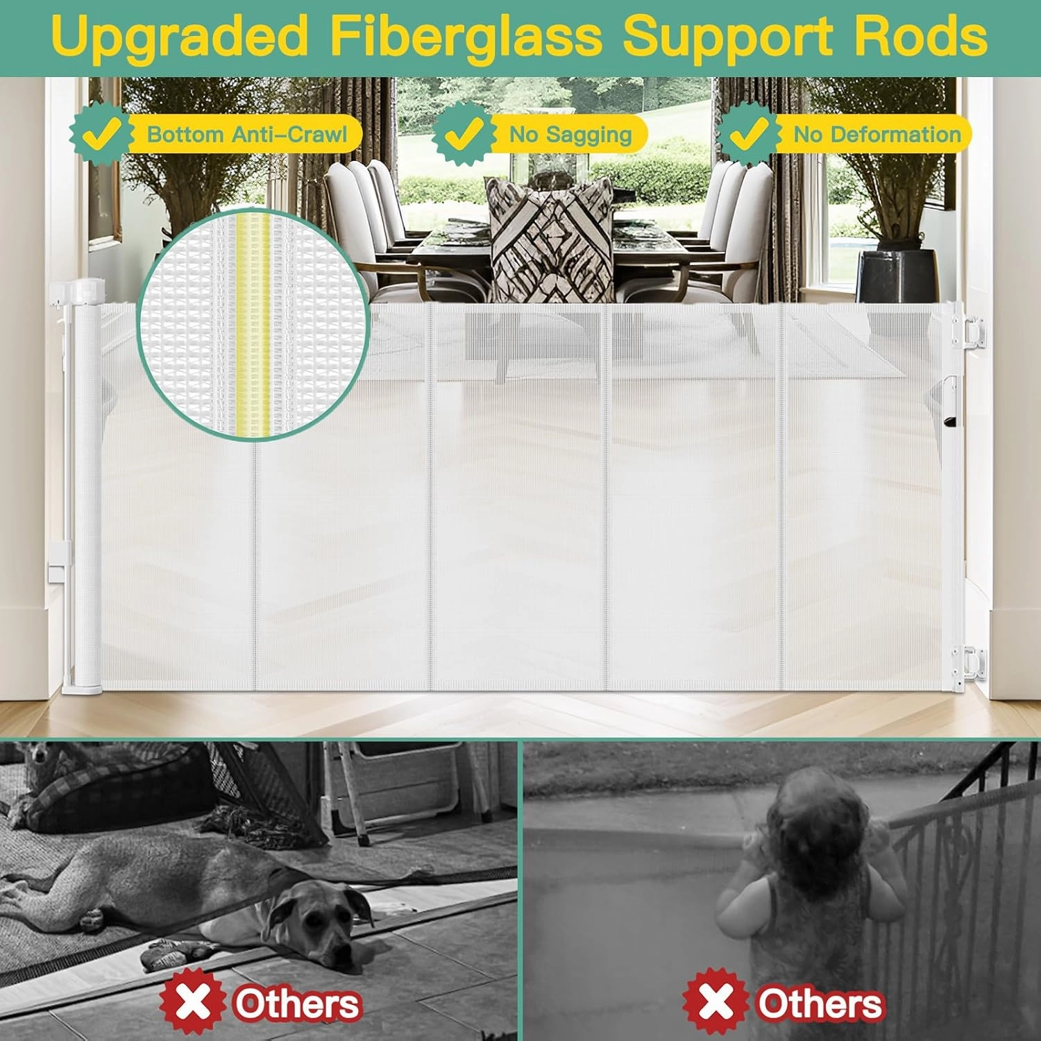 Reinforced 60" Wide Retractable Baby Gate with Reinforced Rods, 5 ft Retractable Dog Gate Indoor/Outdoor Baby Gate Retractable Gate - Bottom Anti-Escape, White