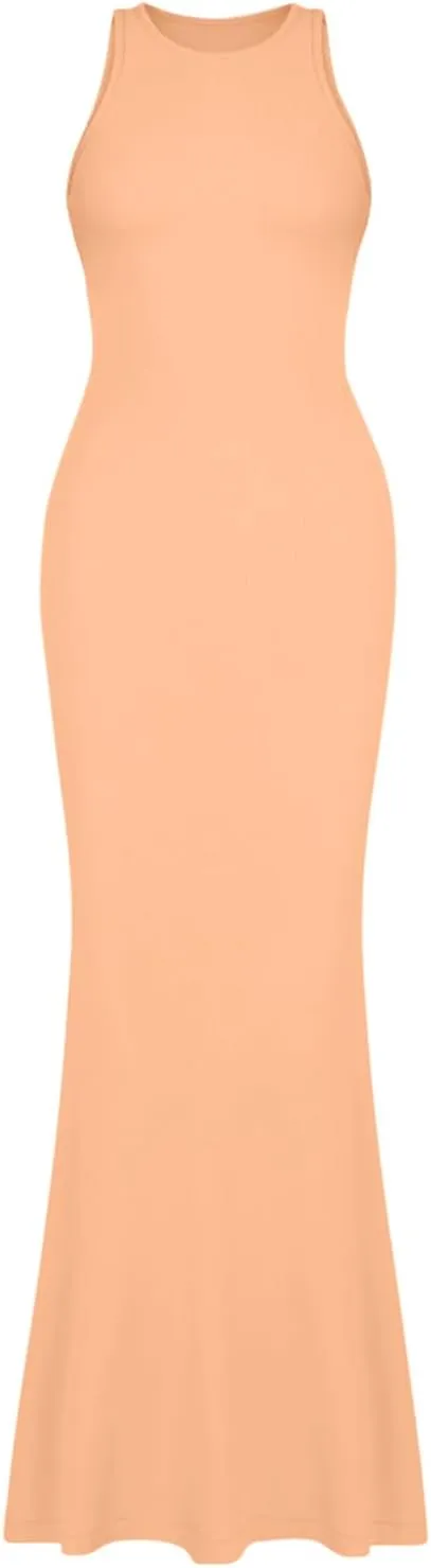 REORIA Women's Basic Sexy Lounge Slip Long Dress Elegant Sleeveless Backless Ribbed Bodycon Maxi Dresses