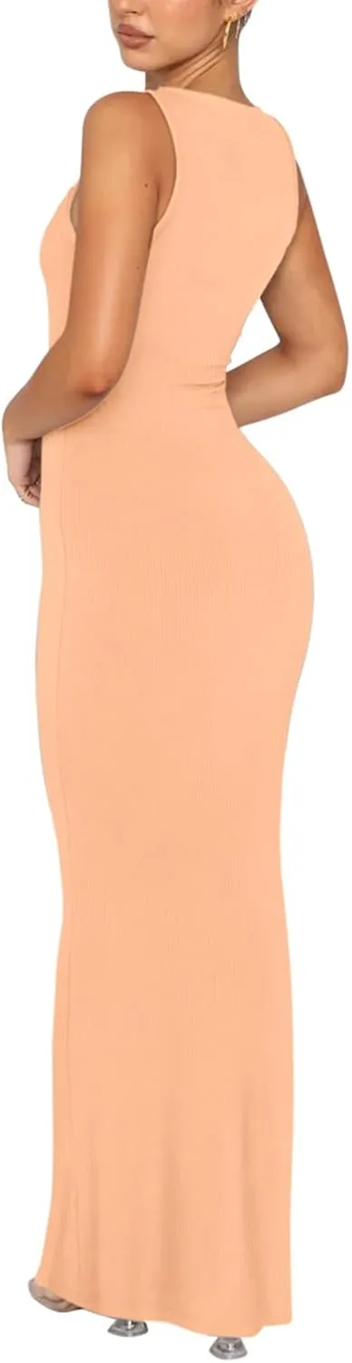 REORIA Women's Basic Sexy Lounge Slip Long Dress Elegant Sleeveless Backless Ribbed Bodycon Maxi Dresses