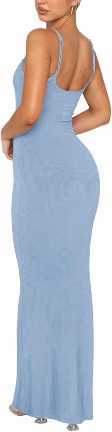REORIA Women's Basic Sexy Lounge Slip Long Dress Elegant Sleeveless Backless Ribbed Bodycon Maxi Dresses