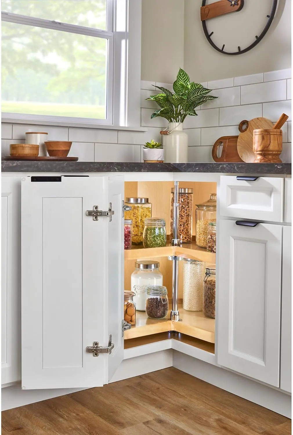 Rev-A-Shelf Dual Shelves Kidney-Shape 32" Lazy Susan Organizer for Lower Corner & Base Kitchen Cabinets, Turntable Home Storage, Wooden, 4WLS472-32-52