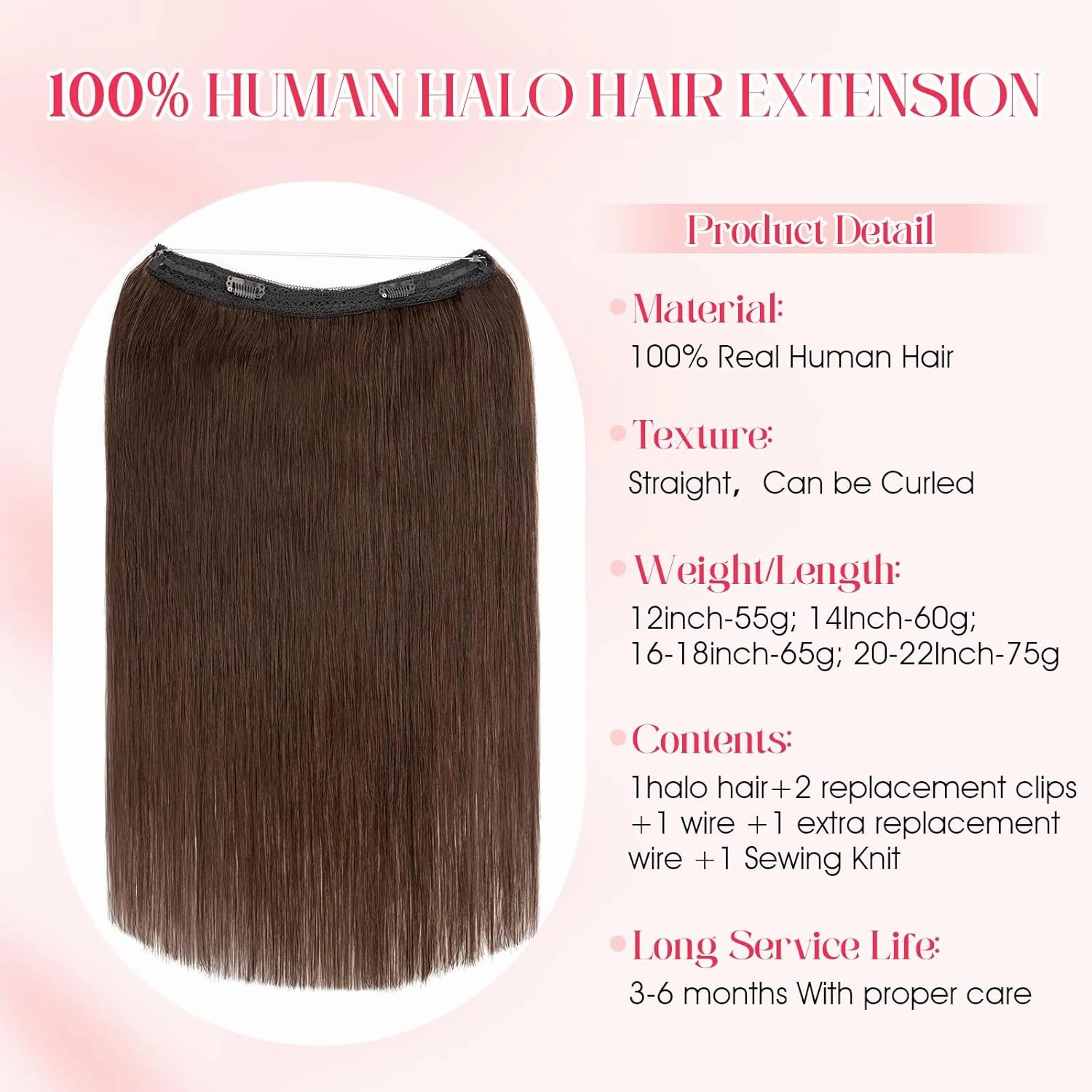 Rich Choices 100% Real Human Halo Hair Extensions Remy Invisible Wire In Hair Extensions Human Hair Clip in Hair Piece Straight,Can be Curled 20 Inch #2 Dark Brown
