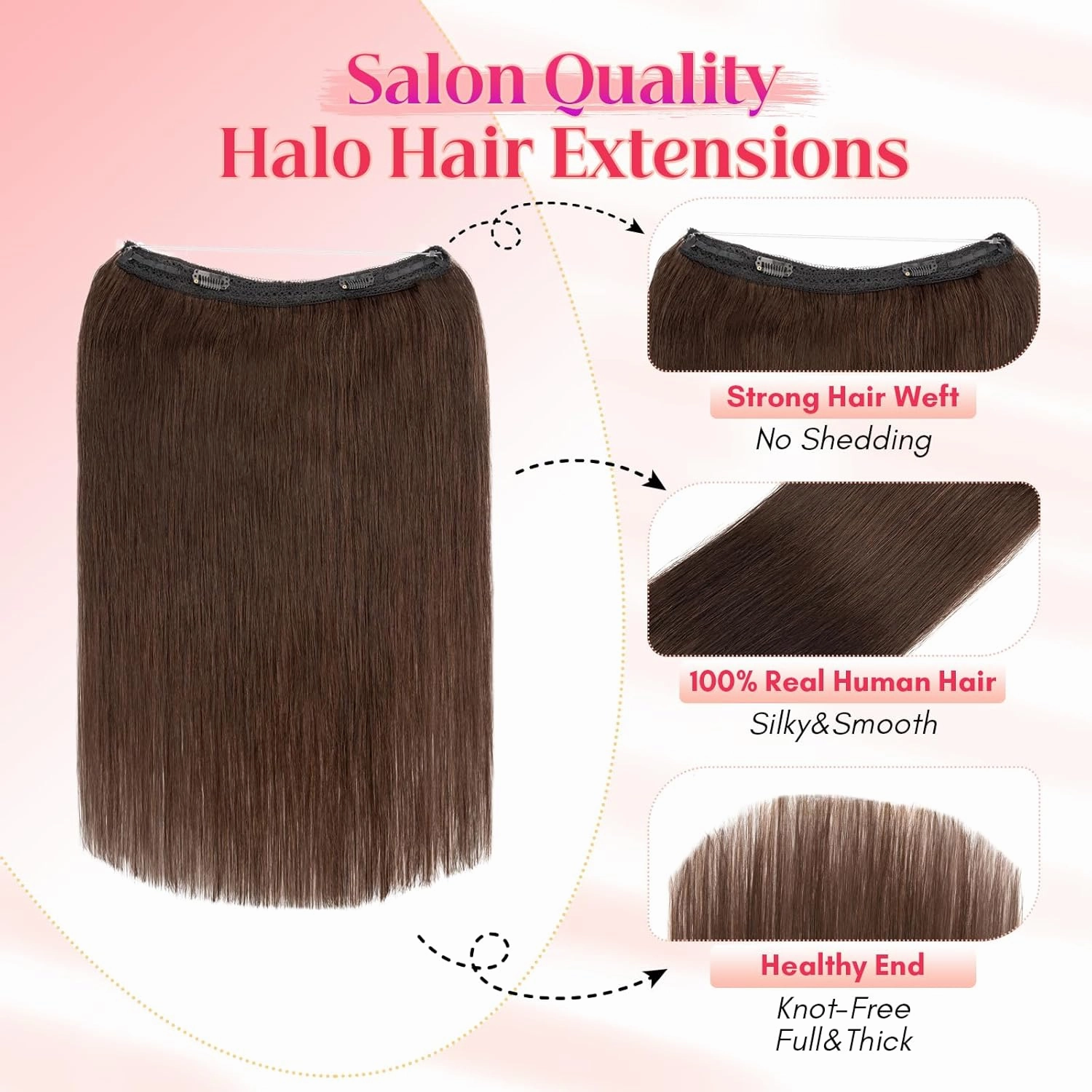 Rich Choices 100% Real Human Halo Hair Extensions Remy Invisible Wire In Hair Extensions Human Hair Clip in Hair Piece Straight,Can be Curled 20 Inch #2 Dark Brown