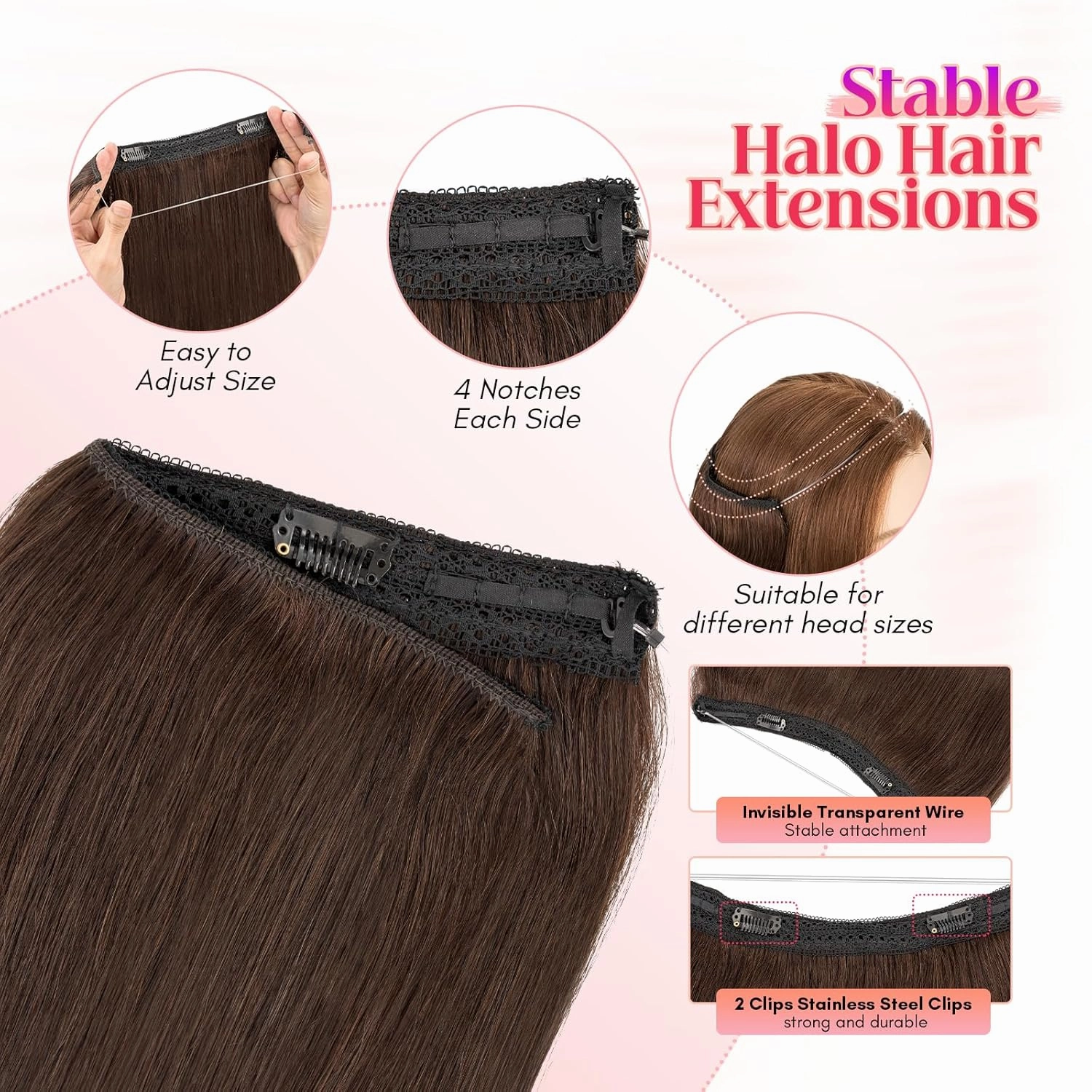 Rich Choices 100% Real Human Halo Hair Extensions Remy Invisible Wire In Hair Extensions Human Hair Clip in Hair Piece Straight,Can be Curled 20 Inch #2 Dark Brown