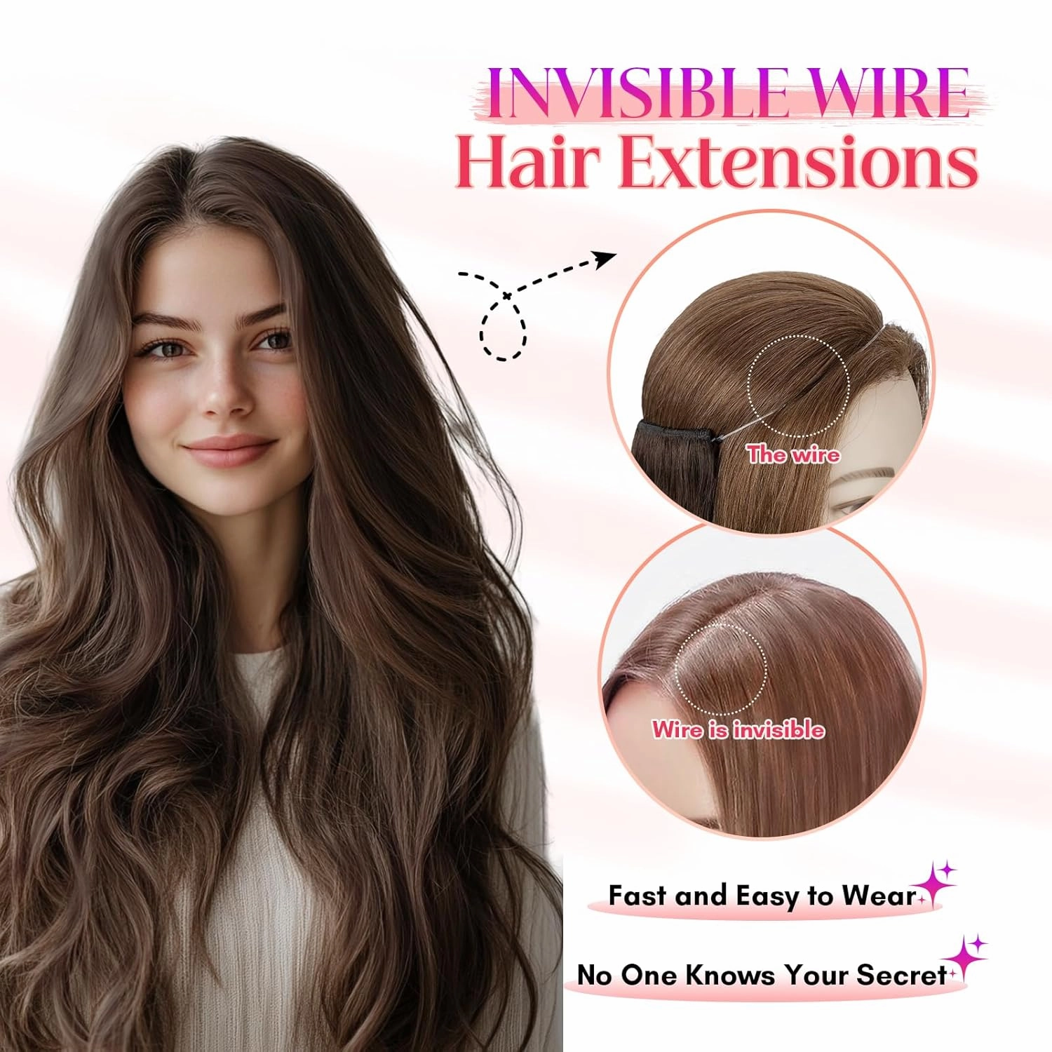 Rich Choices 100% Real Human Halo Hair Extensions Remy Invisible Wire In Hair Extensions Human Hair Clip in Hair Piece Straight,Can be Curled 20 Inch #2 Dark Brown