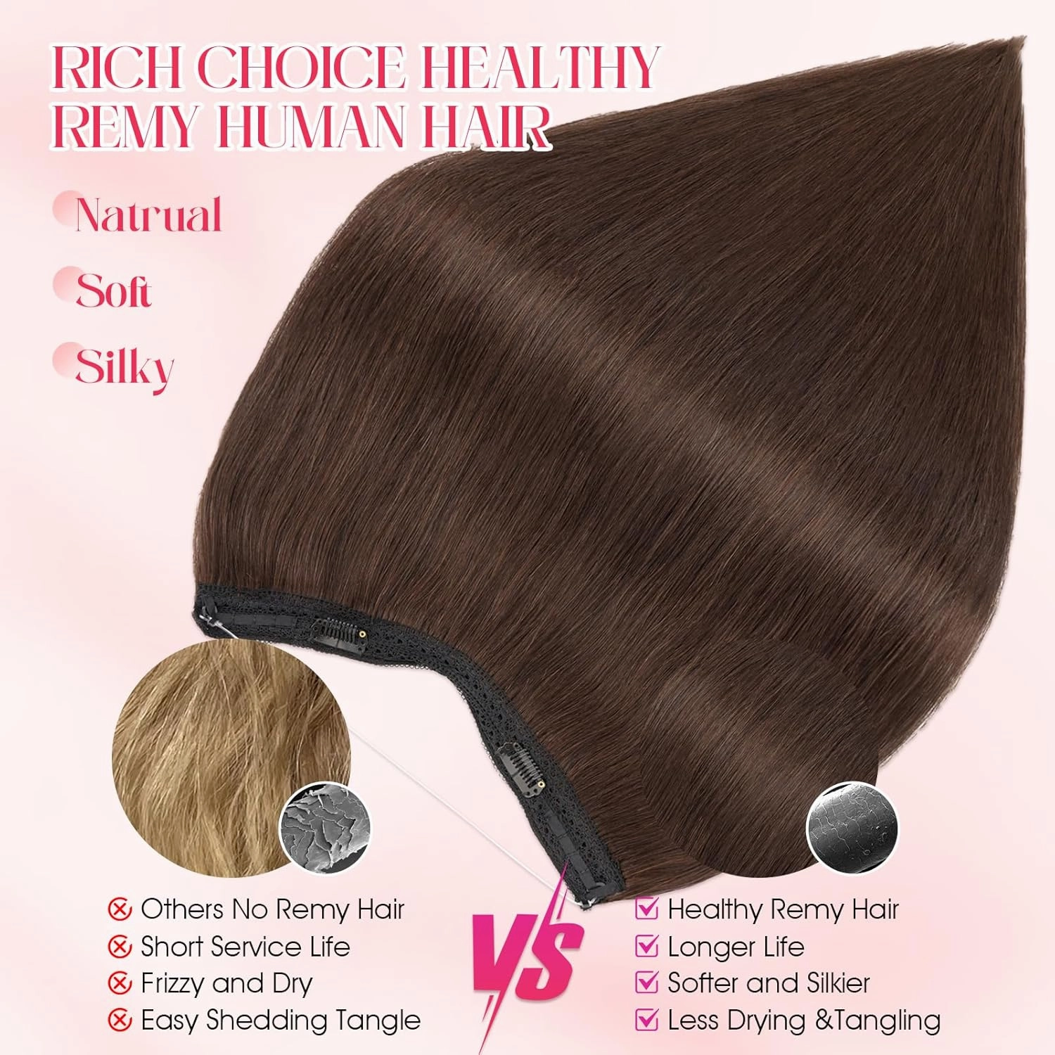 Rich Choices 100% Real Human Halo Hair Extensions Remy Invisible Wire In Hair Extensions Human Hair Clip in Hair Piece Straight,Can be Curled 20 Inch #2 Dark Brown