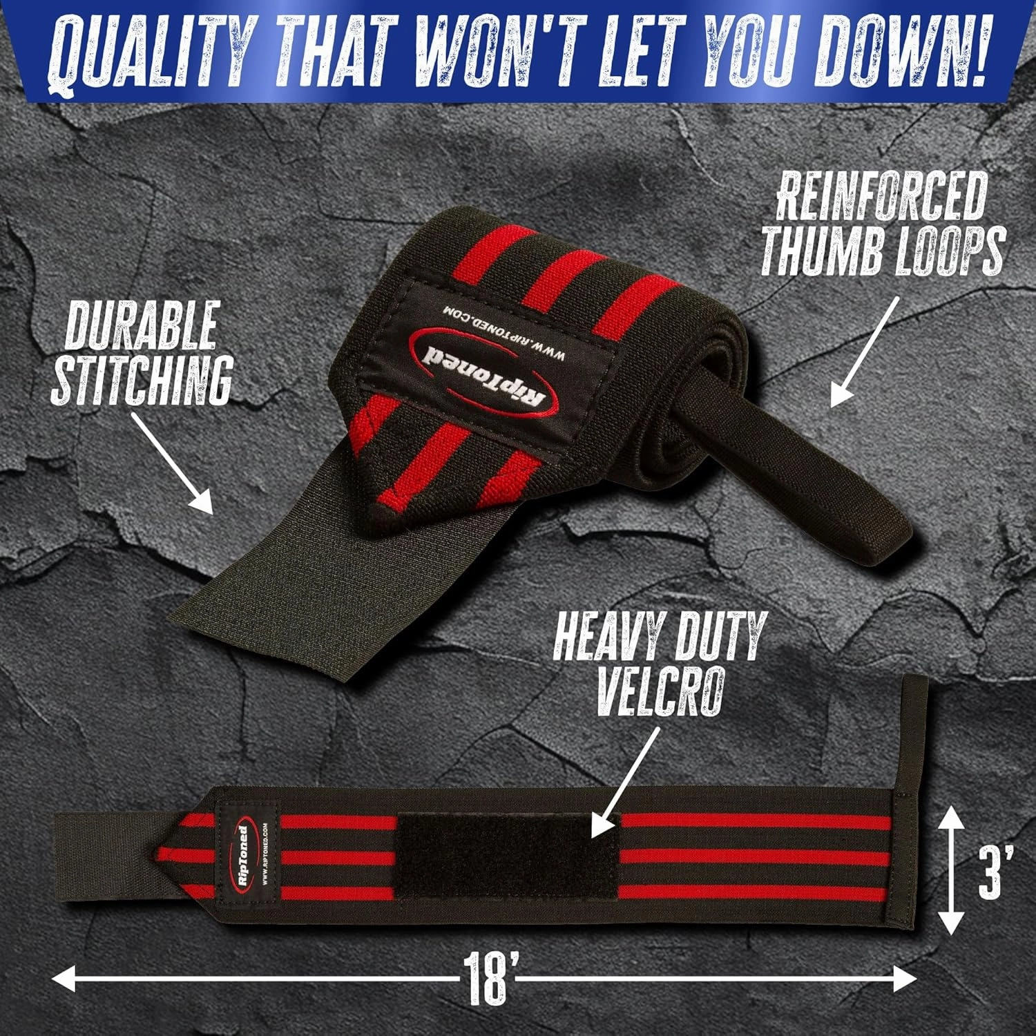Rip Toned 18” Wrist Wraps - Wrist Straps for Weightlifting - Lift Better, Protect Wrist Pain - Adjustable, Durable, Machine Washable - Wrist Wraps for Weightlifting - USPA Endorsed for Men & Women
