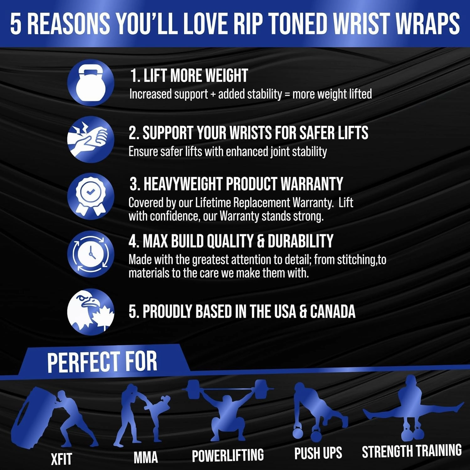 Rip Toned 18” Wrist Wraps - Wrist Straps for Weightlifting - Lift Better, Protect Wrist Pain - Adjustable, Durable, Machine Washable - Wrist Wraps for Weightlifting - USPA Endorsed for Men & Women