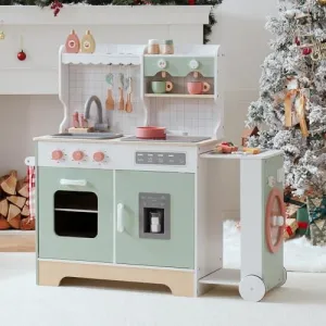 ROBOTIME Wooden Play Kitchen Set with Ice Maker, BBQ & Tool Bench with Play Tools for Kids