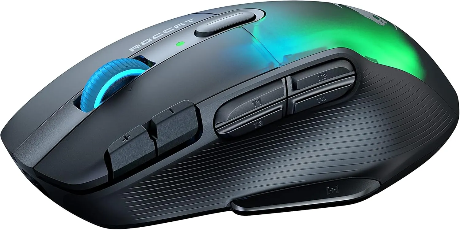ROCCAT Kone XP Air – Wireless Customizable Ergonomic RGB Gaming Mouse, 19K DPI Optical Sensor, 100-hour Battery & Charging Dock, 29 Programmable Inputs & AIMO RGB Lighting, 4D Wheel – Black