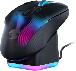 ROCCAT Kone XP Air – Wireless Customizable Ergonomic RGB Gaming Mouse, 19K DPI Optical Sensor, 100-hour Battery & Charging Dock, 29 Programmable Inputs & AIMO RGB Lighting, 4D Wheel – Black